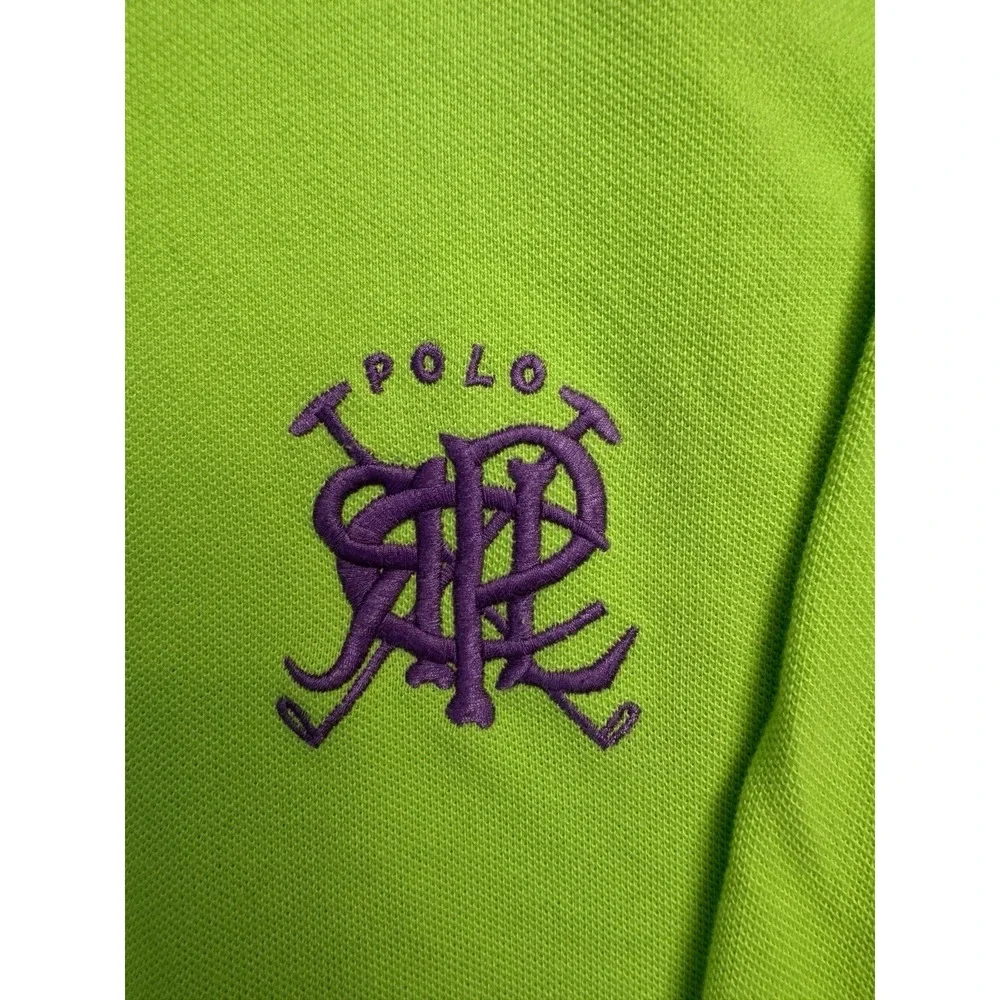 VTG Polo Ralph‎ Lauren XXL Green Polo Shirt Big Purple Crest Logo Cotton Classic